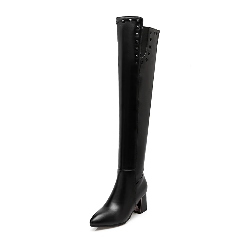ZALAVOR/пикантные Сапоги выше колена с острым носком размера плюс 33-47 женские высокие сапоги на квадратном каблуке с боковой молнией и заклепками женская обувь - Цвет: Черный