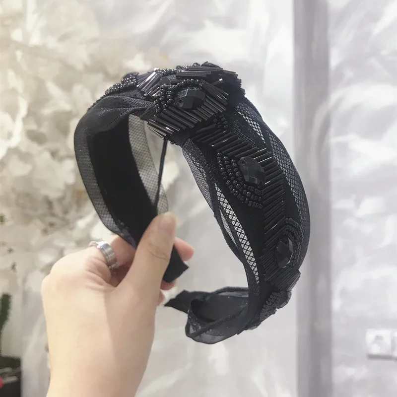 New Vintage Headband Women Wide Side Lace Black Hairband Adult Shining Rhinestone Girl Fashion Hair Accessories High Quality - Цвет: B