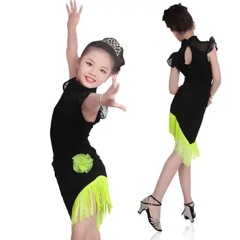 

Girls Kids Lace Splice Latin Dance Dress Suits Children Fringe Skirt Ballroom Modern Dance Costumes