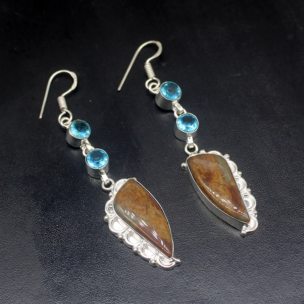 

Gemstonefactory Big Promotion Unique 925 Silver Natural Ocean Jasper Blue Topaz Women Ladies Gifts Dangle Drop Earrings 20211899