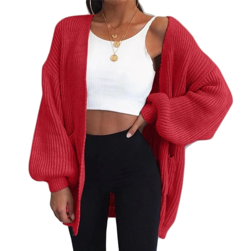Women Lantern Sleeve Sweater Cardigan Solid Color Open Front Knit Midi Long Coat