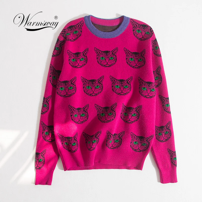 Runway Designer Cat Print Knitted Sweaters Pullovers Women 2020 Spring Winter Long Sleeve Harajuku Sweet Jumper Clothe C-192-1