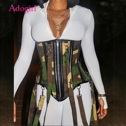 Adogirl Mono de camuflaje con cremallera para mujer, mono con etiqueta de la suerte bordada, sólido, con forma de cintura, cinturón, corsé, pelele, novedad de Primavera de 2021