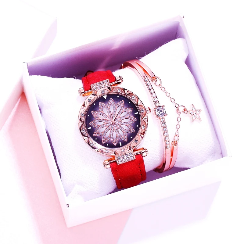 Red Watch Bracelet Женские часы, браслет, набор, звездное небо, женские часы-браслет, повседневные, кожа, кварцевые наручные часы, часы, Relogio Feminino - Цвет: Red Watch Bracelet