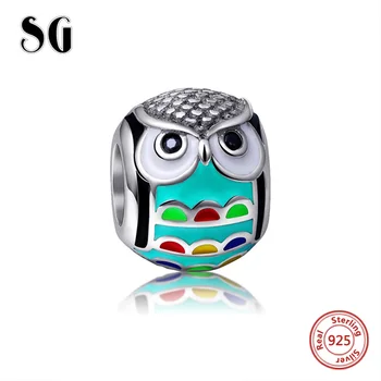 

SG 925 sterling silver cute animal owl charms beads with colorful enamel Fit authentic Europe bracelet jewelry for women gifts