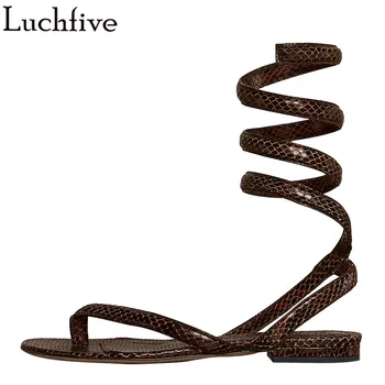 

Snake Pattern Genuine Leather Women Sandals Split Toe Flat Shoes Summer Shoes Woman Wine Red Sandals Feminina