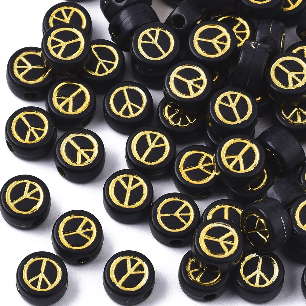 

200Pcs Golden Plated Opaque Acrylic Beads Flat Round Peace Sign Black White Environmental Jewelry Bead Findings DIY Making 7x4mm