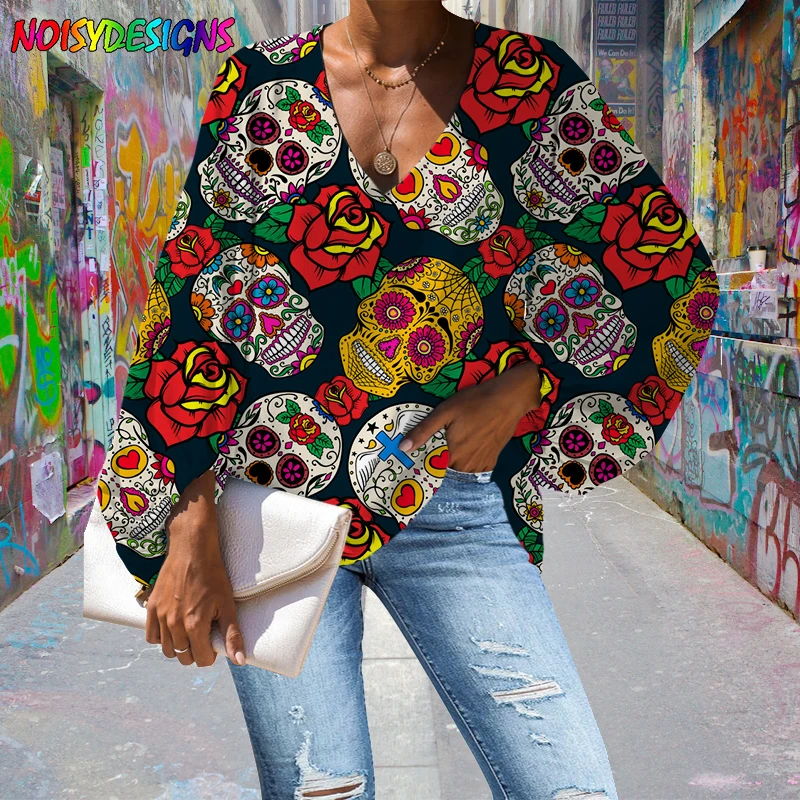 

NOISYDESIGNS Autumn Women Long Sleeve Loose Shirt Cool Sugar Skull Floral Print Breathable Pluse Size Chiffon Blouse Dropship