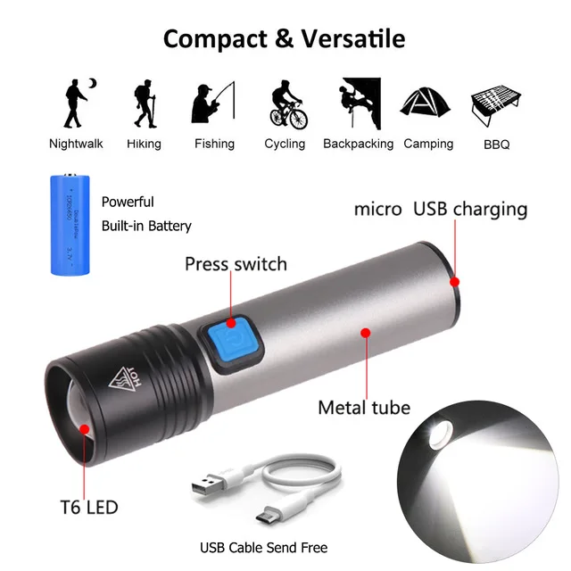 Яркий фонарик USB Перезаряжаемый фонарик водонепроницаемый фонарь T6 светодиодный фонарик Портативный фонарик со встроенным аккумулятором