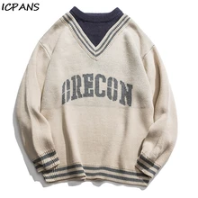 ICPANS, корейский стиль, объемные пуловеры с буквенным принтом, свитер для мужчин, джемпер для пары, с вырезом, японские свободные свитера для мужчин, новинка