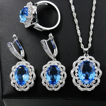 

GZJY Women Red Light Blue Big Crystal Stone Wedding Bridal Jewelry Sets 925 Sterling Silver Earrings Necklace Pendant Ring Sets