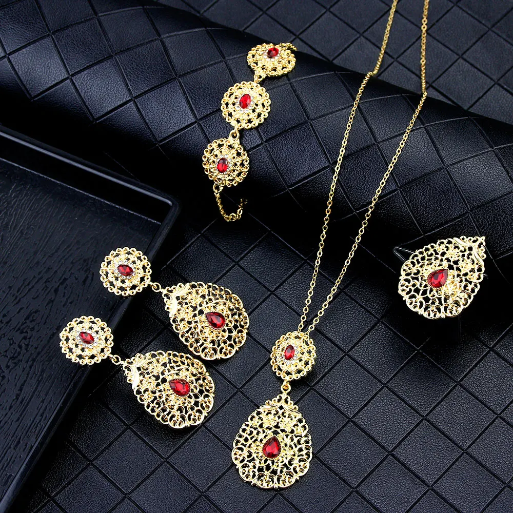 Sunspicems Elegant Morocco Algerian Earring Necklace Ring Bracelet Gold Color Women Wedding Jewelry Sets Africa Bride Gift 2020