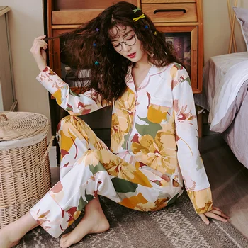 

Pyjamas Women Flower Autumn Winter Long Sleeve Cotton Home Clothes Lady Night Suit Two Piece Sleepwear Sexy Ladies Pajamas Set