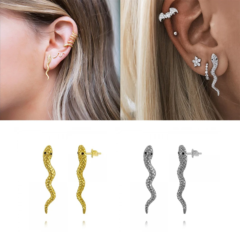 

GS 925 Sterling Silver Stud Earring Simple Snake Gold Color Zircon Earrings for Women Girl Mini Small Earring Punk Stlye