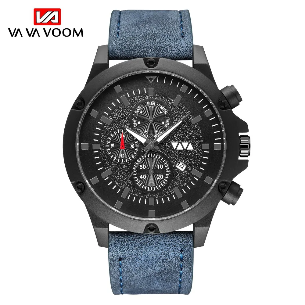 

Men Watches VAVAVOOM Fashion Brand Luxury Quartz Watch Blue Leather Strap Wrist Watch Date Male Clock Relogio Masculino VA-2022