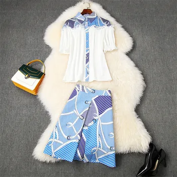 

High Quality Runway Suit Set Women 2020 New Summer Style Lace Patchwork Geometric Blouse and Skirt 2 Piece Matching Sets