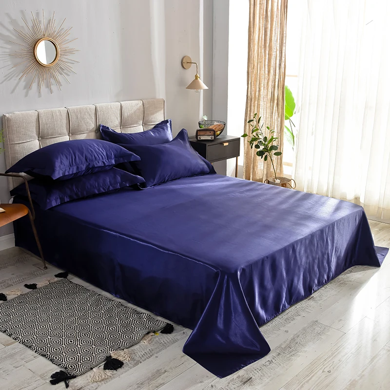 Dark Blue Новая мода сплошной цвет плоский лист шелковое постельное белье Король Королева роскошный Шелковый Атласный сверхмягкий комфортный постельное белье - Цвет: Dark Blue