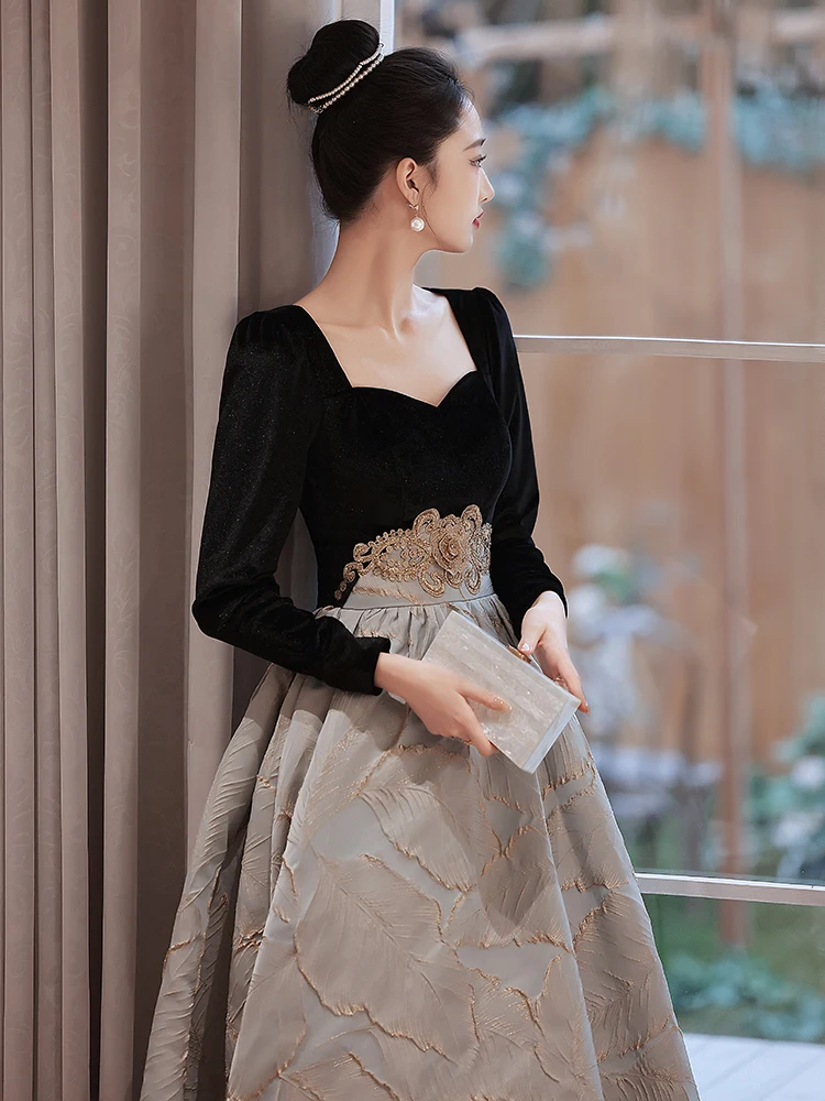 Gorgeous Champagne Evening Dress Stand Collar Full Sleeve Sequined Wedding  Party Gown Women A-Line Slim