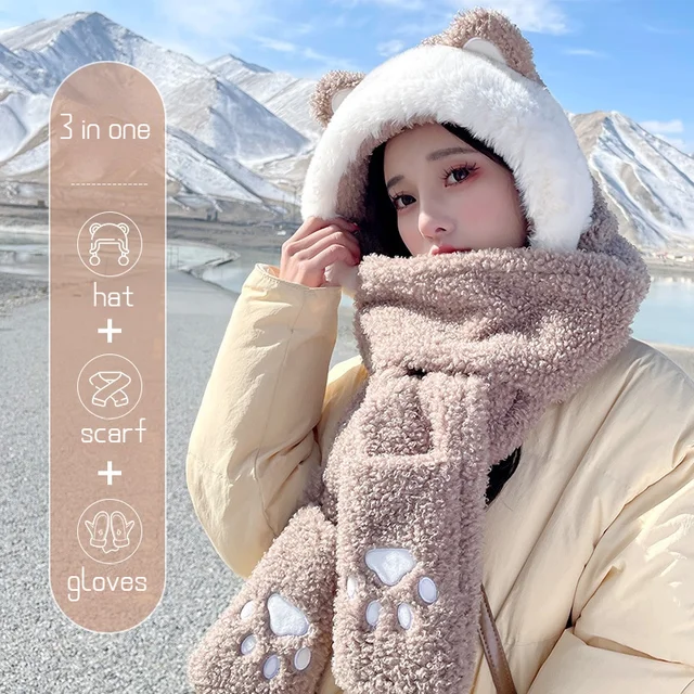 Chapeau de fourrure chaud pour l'extérieur, écharpe d'hiver, gants pour  femmes, chapeau à capuche avec filles, coupe-vent, peluche Kawaii 3 en 1 -  AliExpress