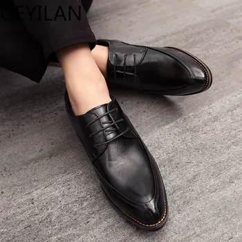 

Men Oxfords Leather Black Shoes outdoor fanshon handmade breathable comfortable formal dress men flats Lace-Up Bullock shoes o4