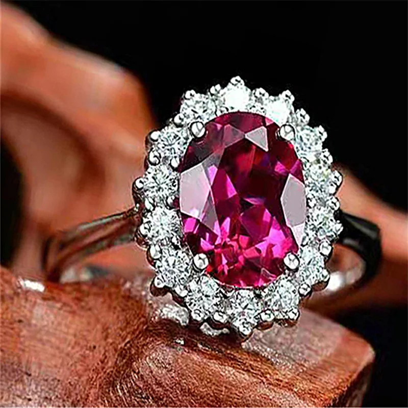 Delicate Red Oval Crystal Wedding Ring for Women Party Engagement Real AAAAA Cubic Zirconia Rings Jewelry Whole Sale