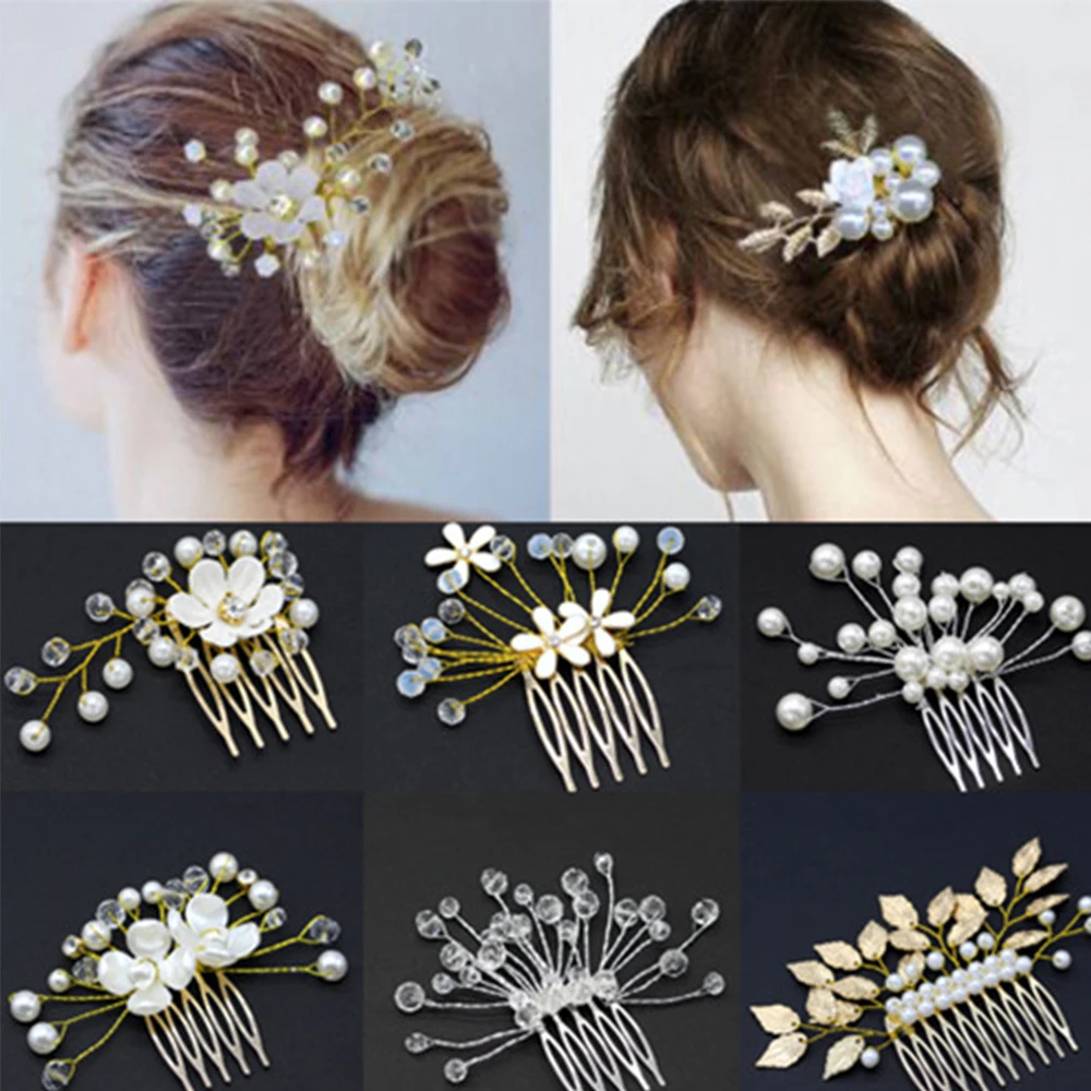 

Bride Wedding Handmade Tiara Pearl Flower Hair comb Inserting Hairpins Wedding Bridesmaid Headdress Disk Hair Comb