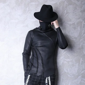 

2020 winter tide men's slim high collar long-sleeved T-shirt men's personality irregular stitching snake leather t-shirts