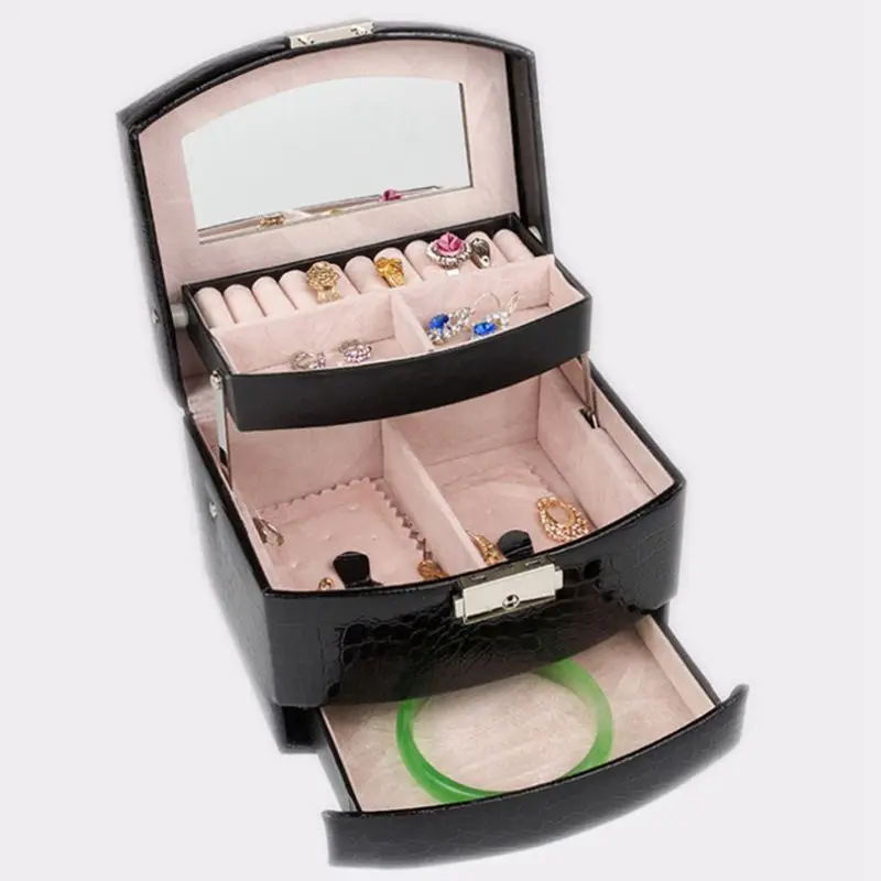 New-Automatic Leather Jewelry Box Three-layer Storage Box For Women Earring Ring Cosmetic Organizer Casket For Decorations