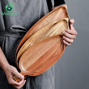 

Leaf Shape Solid Wood Tray Food Pan Plat Dishes Creative Dessert Snacks Tea Tray Dinner Bread Cake Wooden Plates Storage Trays