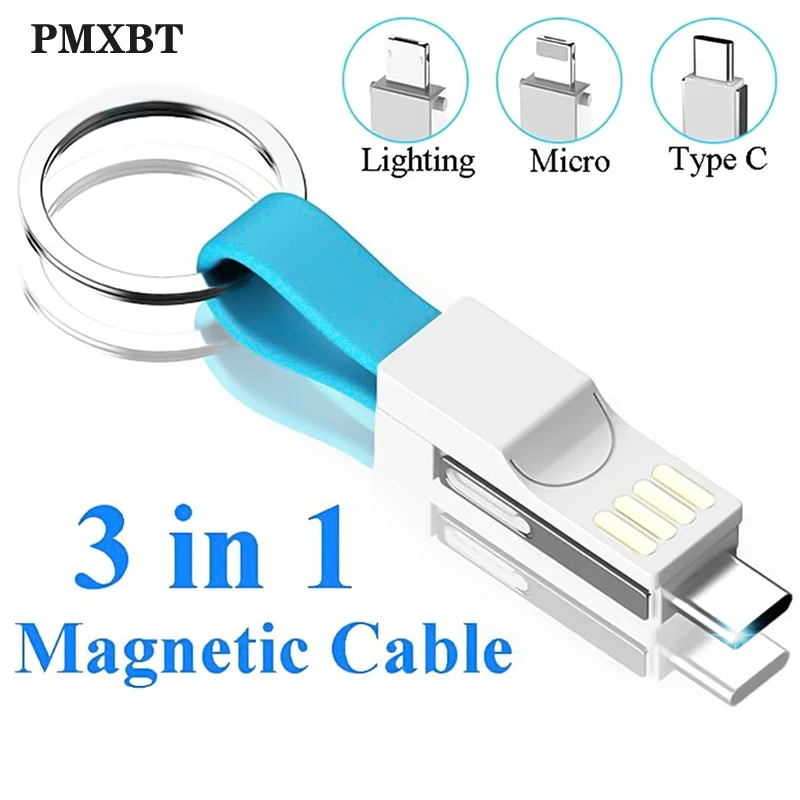 

Short keychain USB Magnetic Cable 3in1 Micro USB Type C lighting Cables For iphone Samsung Huawei usb-c Key-chain Charging Cord