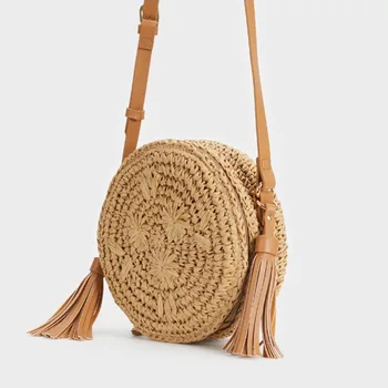

casual round tassel straw bag for women wicker woven shoulder crossbody bags rattan summer beach small purses handmade sac 2020
