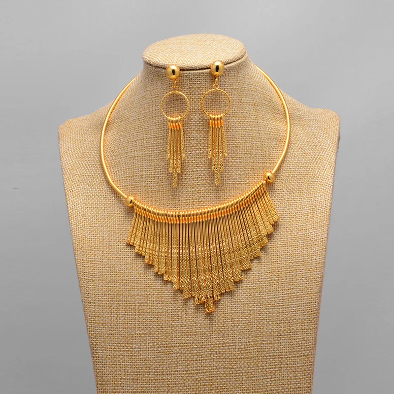

Dubai wedding Gold Color jewelry sets dubai women Women African Necklace Earrings tassel Wedding Bridal Accessories Bride Gift