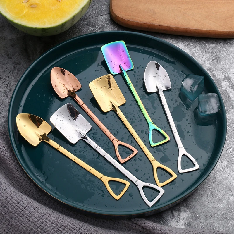 Cuchara creativa de acero inoxidable para postre para el té de la tarde, cuchara de mango largo, cuchara de café, helado, forma de pala, concha de té, 3 colores