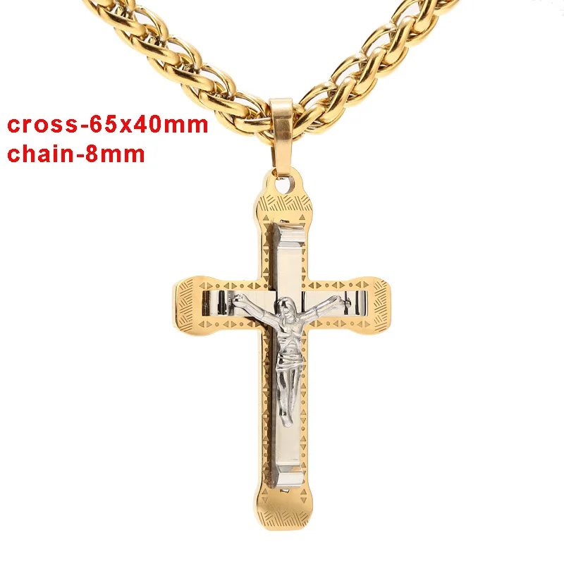 Gold tone Cross Christ Jesus Pendant Necklace Stainless Steel Figaro Chains Necklace Catholic Jesus Necklace With 24'' Chain