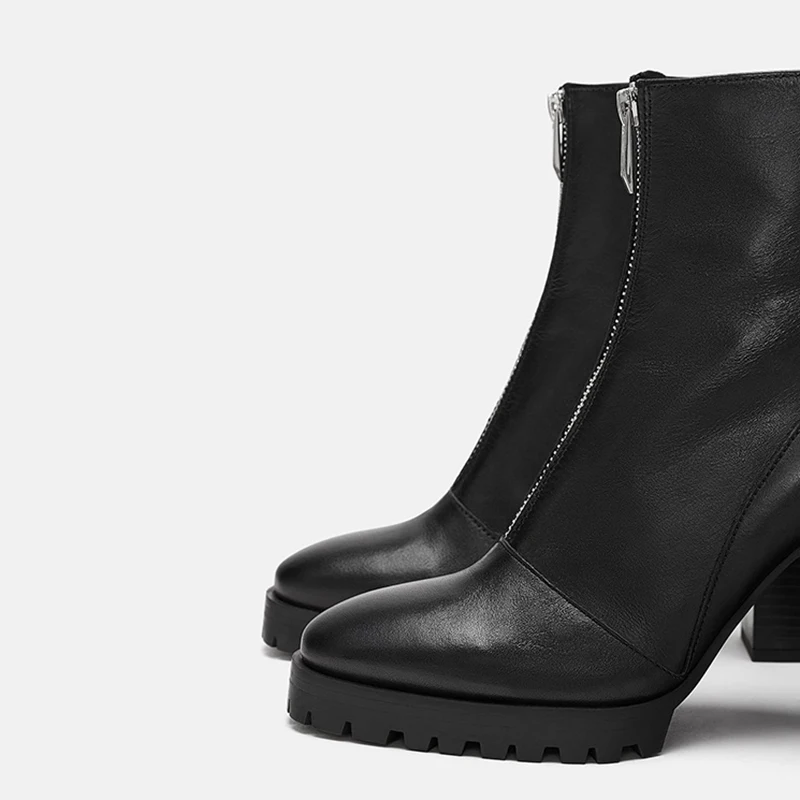 Ботильоны на квадратном каблуке 10 см с молнией спереди; матовые черные ботиночки; botas mujer; носки на квадратном каблуке 4 дюйма; Осенняя обувь Martin для женщин; FSJ