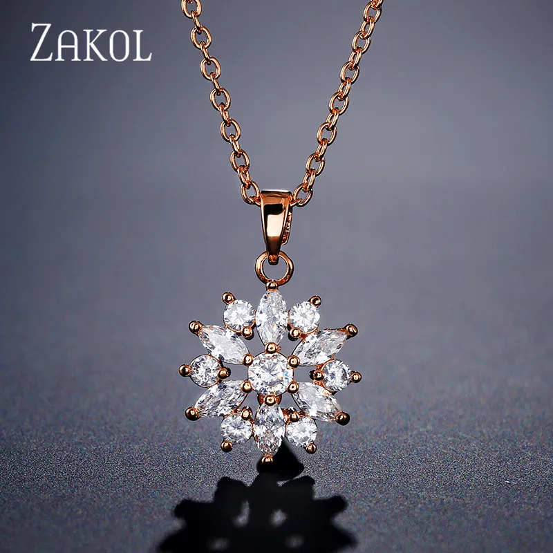 ZAKOL Fashion Rose Gold Color Pendants Flower Cluster Clear Crystal Zirconia Sweet Necklaces For Women Jewelry FSNP2105 - Окраска металла: Rose Gold Color