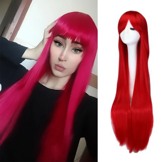 QQXCAIW Long Straight Cosplay Wig Black Purple Black Red Pink Blue Dark Brown 100 Cm Synthetic Hair Wigs red