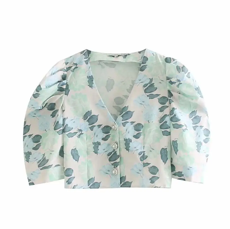 

Fashion Printing Women V Neck Puff Sleeves Short Shirt Crop Tops 2019 Autumn Leisure Lady Blouse