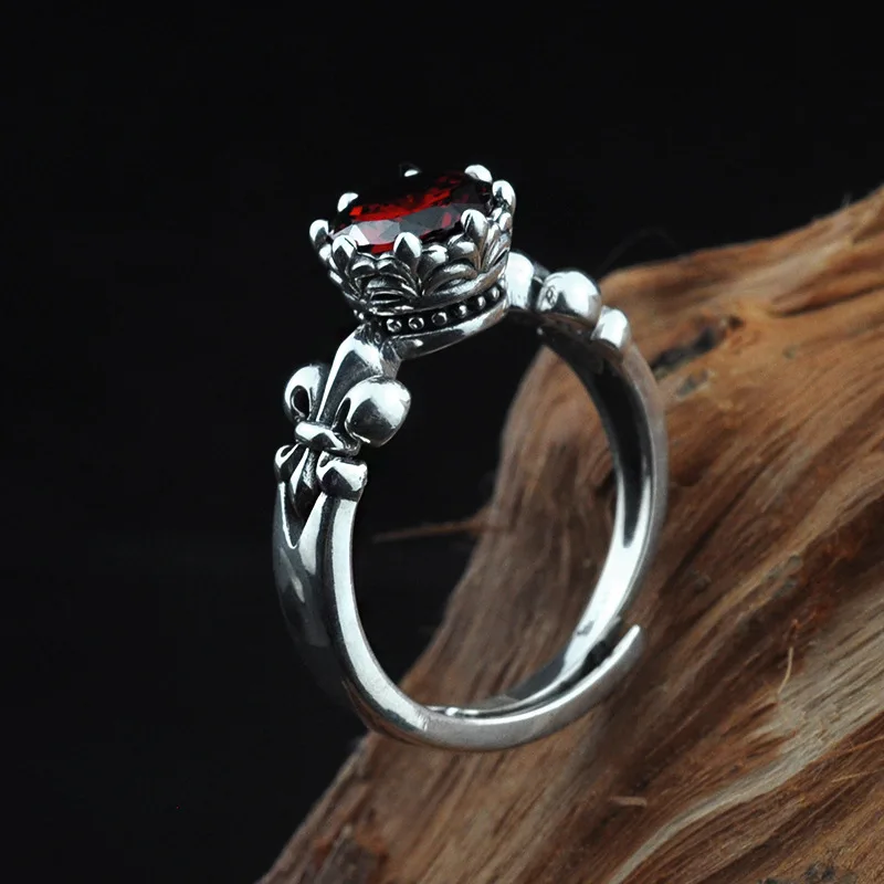 

Silver Ruitai Thai Silver Retro Crusader Flower WOMEN'S Ring Top Grade Pomegranate Red Crown-Regulation Simple Versatile Ring Ba