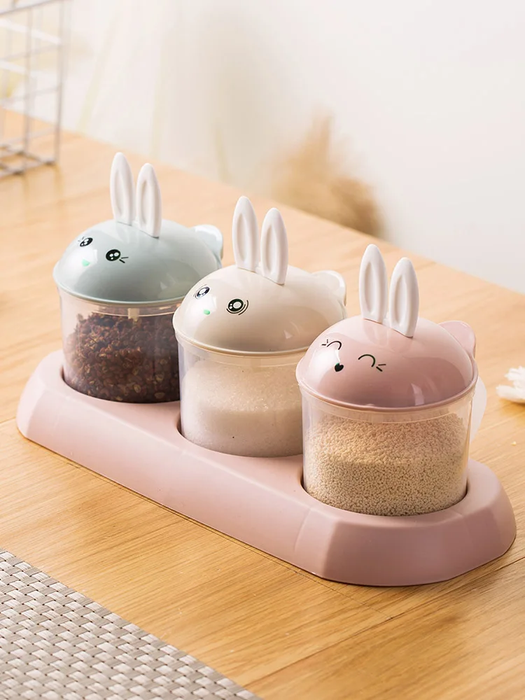 Мультфильм кролик приправа горшок набор из трех кухонных пластиковых соли мононатрия Глютамат приправа контейнер для специй