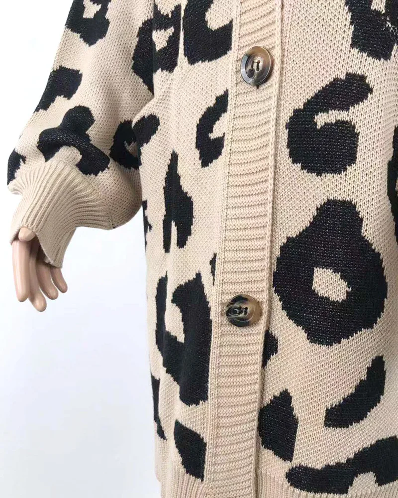 Леопардовый вязаный свитер, кардиган для женщин, Осень-зима, модный Свободный Повседневный элегантный винтажный женский свитер средней длины с длинным рукавом