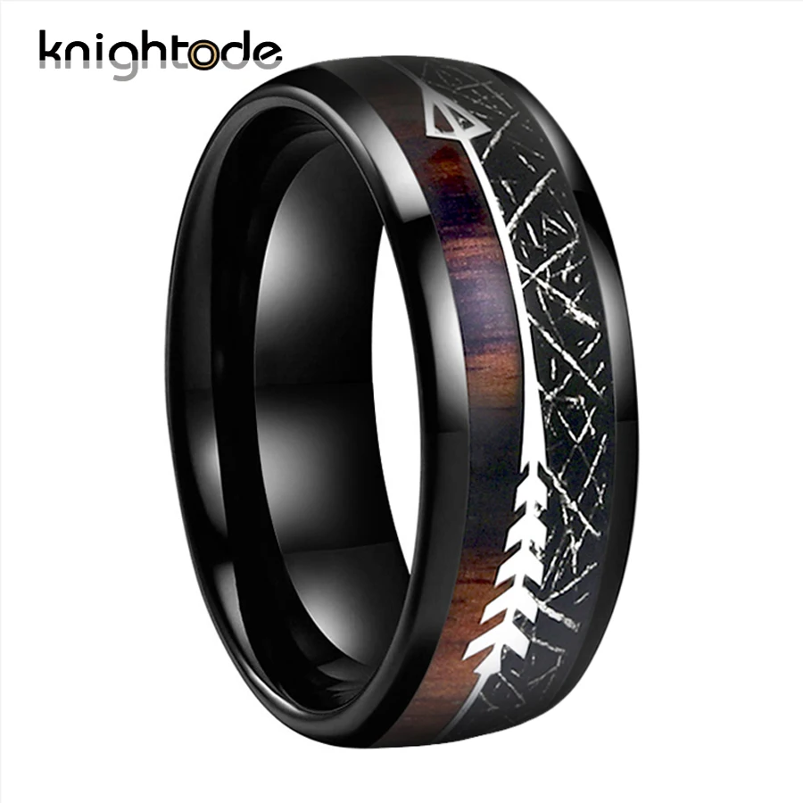Tungsten-Carbide-Ring Arrow Texture-Inlay Wood Wedding-Slivery Black Meteorite/koa Women
