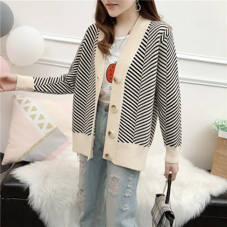 

2019 Autumn Women Single-Breasted Striped Sweater V-Neck Long-Sleeved Cardigan Sweaters Loose Jacket Cardigan Coat