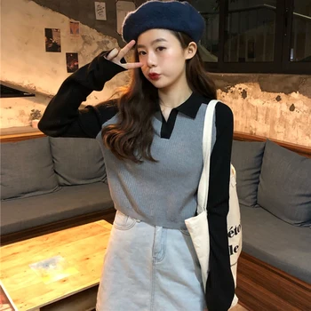 

Women's Contrast Stitching Short Knit Tops Women's Autumn Winter New Korean Slim Wear Pullover turndown collar Sweater ML050