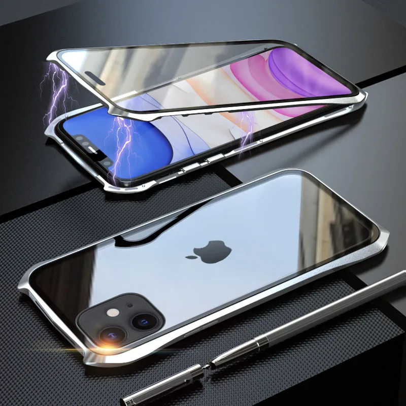 Для iphone 11 Магнитный чехол iphone 11 360 Передний+ задний двухсторонний чехол из закаленного стекла для iphone 11 pro max металлический чехол - Цвет: silver
