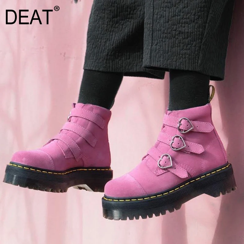 

[DEAT] 2020 Round Toe Belt Buckle Personality Flock Women Wedges High Heels Short Boots New Spring Autumn Fashion Tide 10D725