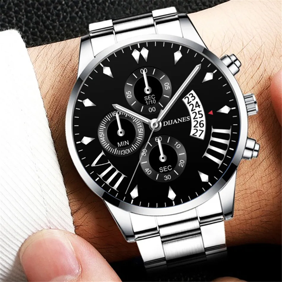 New Men Business Stainless Steel Quartz Wristwatch Fashion Mens Watches Calendar Date Clock Man Silver Bracelet Male Watch