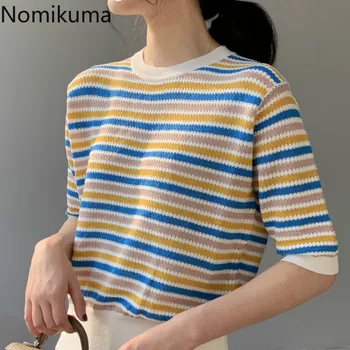 

Nomikuma Elegant Temperament Tees Women O Neck Short Sleeve Striped T Shirts Vintage Slim Waist Casual OL Knitted Tshirts 3a317