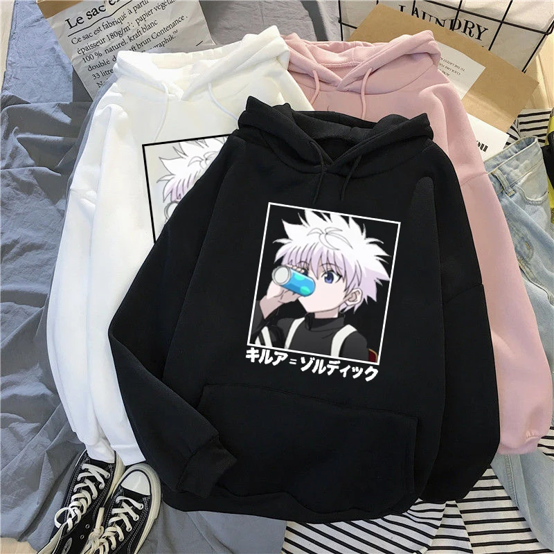 Толстовка с капюшоном Kawaii Hunter X черные худи принтом Аниме Манга топы Bluzy Женская |