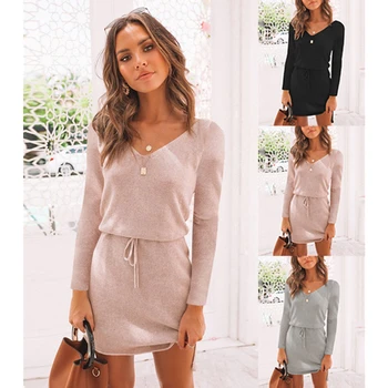 

Fashion V-Neck Women Sashes Long Sleeve Casual Dress Pink Black Gray Slit Mini Autumn Winter Knitted 2020 Warm Short Dresses
